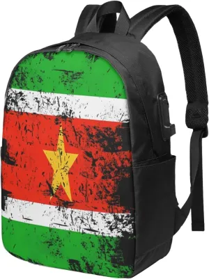 Vintage Suriname Surinamese Flag Laptop Backpacks Travel Backpack Casual Business Daypack Sport Rucksack Computer Bag Fits up to 17 Inch Notebook with USB Port