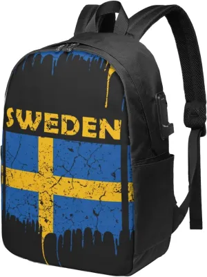 Vintage Swedish Sweden Flag Laptop Backpacks Travel Backpack Casual Business Daypack Sport Rucksack Computer Bag Fits up to 17 Inch Notebook with USB Port