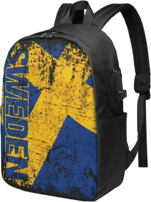Vintage Swedish Sweden Flag Laptop Backpacks Travel Backpack Casual Business Daypack Sport Rucksack Computer Bag Fits up to 17 Inch Notebook with USB Port