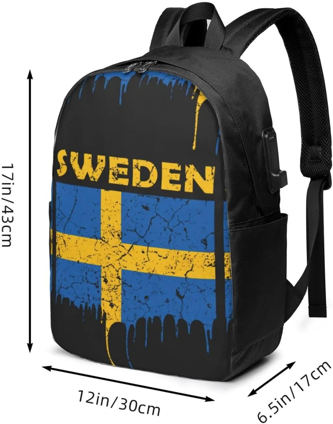 Vintage Swedish Sweden Flag Laptop Backpacks Travel Backpack Casual Business Daypack Sport Rucksack Computer Bag Fits up to 17 Inch Notebook with USB Port