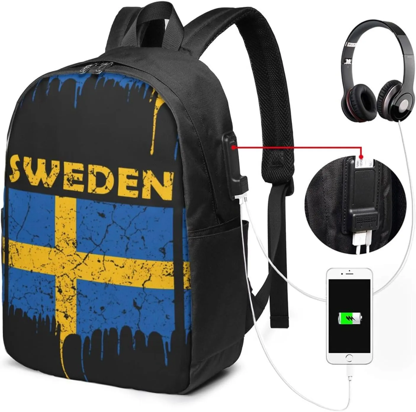 Vintage Swedish Sweden Flag Laptop Backpacks Travel Backpack Casual Business Daypack Sport Rucksack Computer Bag Fits up to 17 Inch Notebook with USB Port