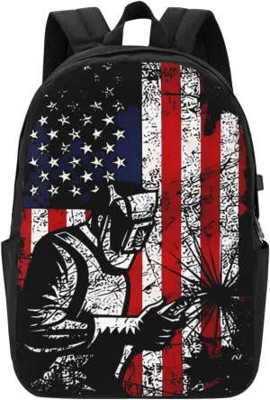 Vintage Welder American Flag Welding Backpack 17 Inch Laptop Backpacks Outdoor Travel Rucksack Work Business Daypack with USB Port Carry On Bag for Cycling Hiking