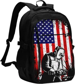 Vintage Welder American Flag Welding Travel Backpack Laptop Backpacks Business Rucksack Outdoor Daypack Large Sport Bag with Luggage Strap USB Charging Port for Hiking Working