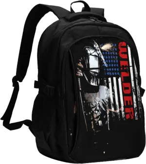 Vintage Welder American Flag Welding Travel Backpack Laptop Backpacks Business Rucksack Outdoor Daypack Large Sport Bag with Luggage Strap USB Charging Port for Hiking Working