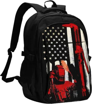 Vintage Welder American Flag Welding Travel Backpack Laptop Backpacks Business Rucksack Outdoor Daypack Large Sport Bag with Luggage Strap USB Charging Port for Hiking Working
