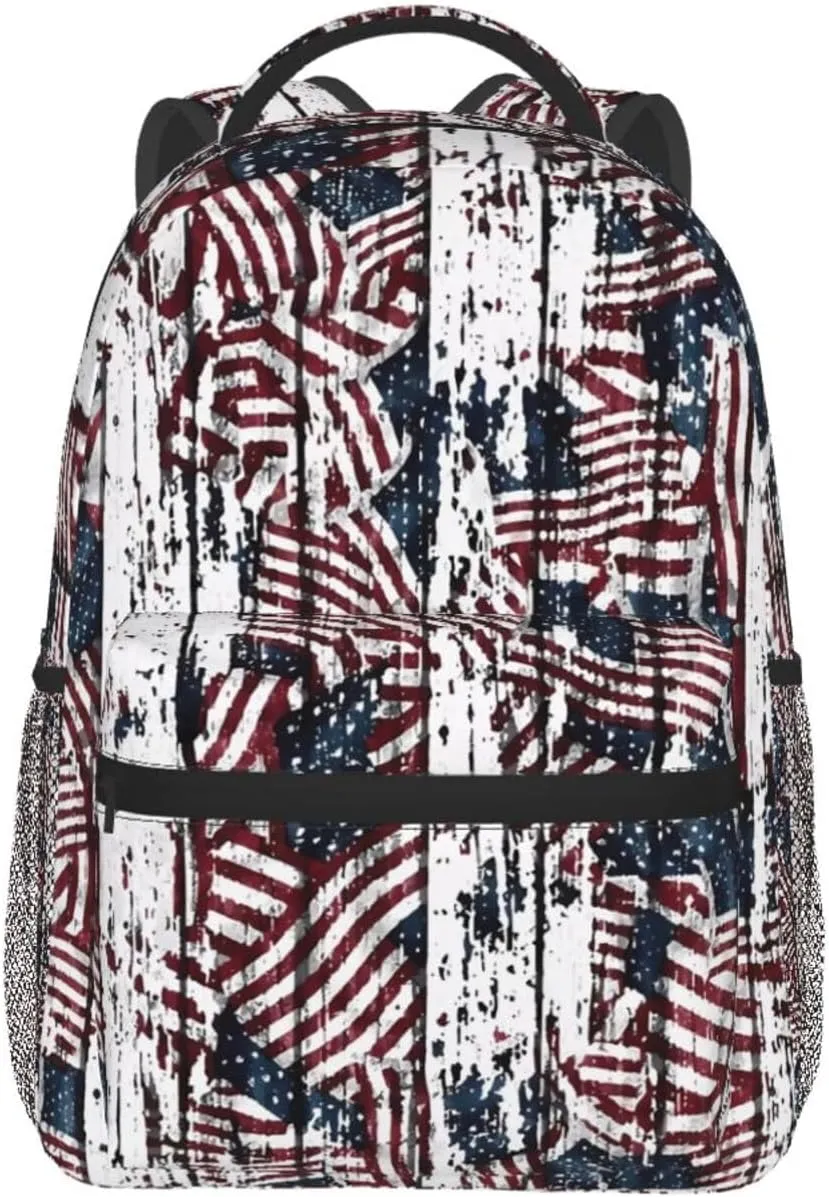 Vintage Wood Grain American Flag Casual Backpack Travel Pack Bag Laptop Backpacks With Side Pockets Front Zipper Pockets Bookpack Daypack Picnic Rucksack Computer Bag