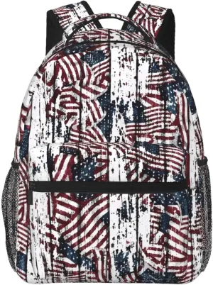 Vintage Wood Grain American Flag Casual Backpack Travel Pack Bag Laptop Backpacks With Side Pockets Front Zipper Pockets Bookpack Daypack Picnic Rucksack Computer Bag