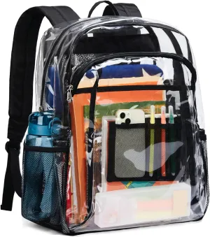 Vorspack Clear Backpack Heavy Duty - Extra Large Clear Book Bag with Multi-pockets See Through Backpack for College Workplace Travel - Black