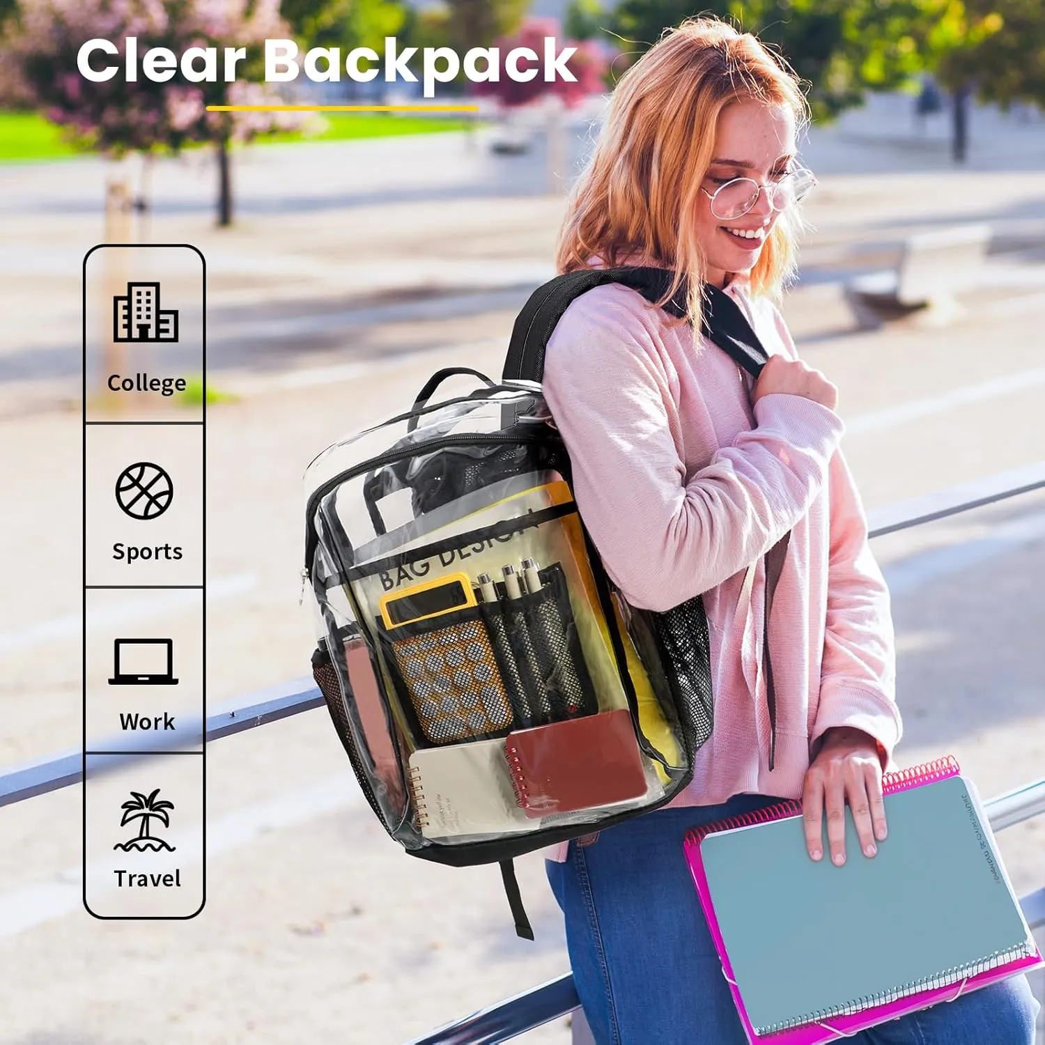 Vorspack Clear Backpack Heavy Duty - Extra Large Clear Book Bag with Multi-pockets See Through Backpack for College Workplace Travel - Black