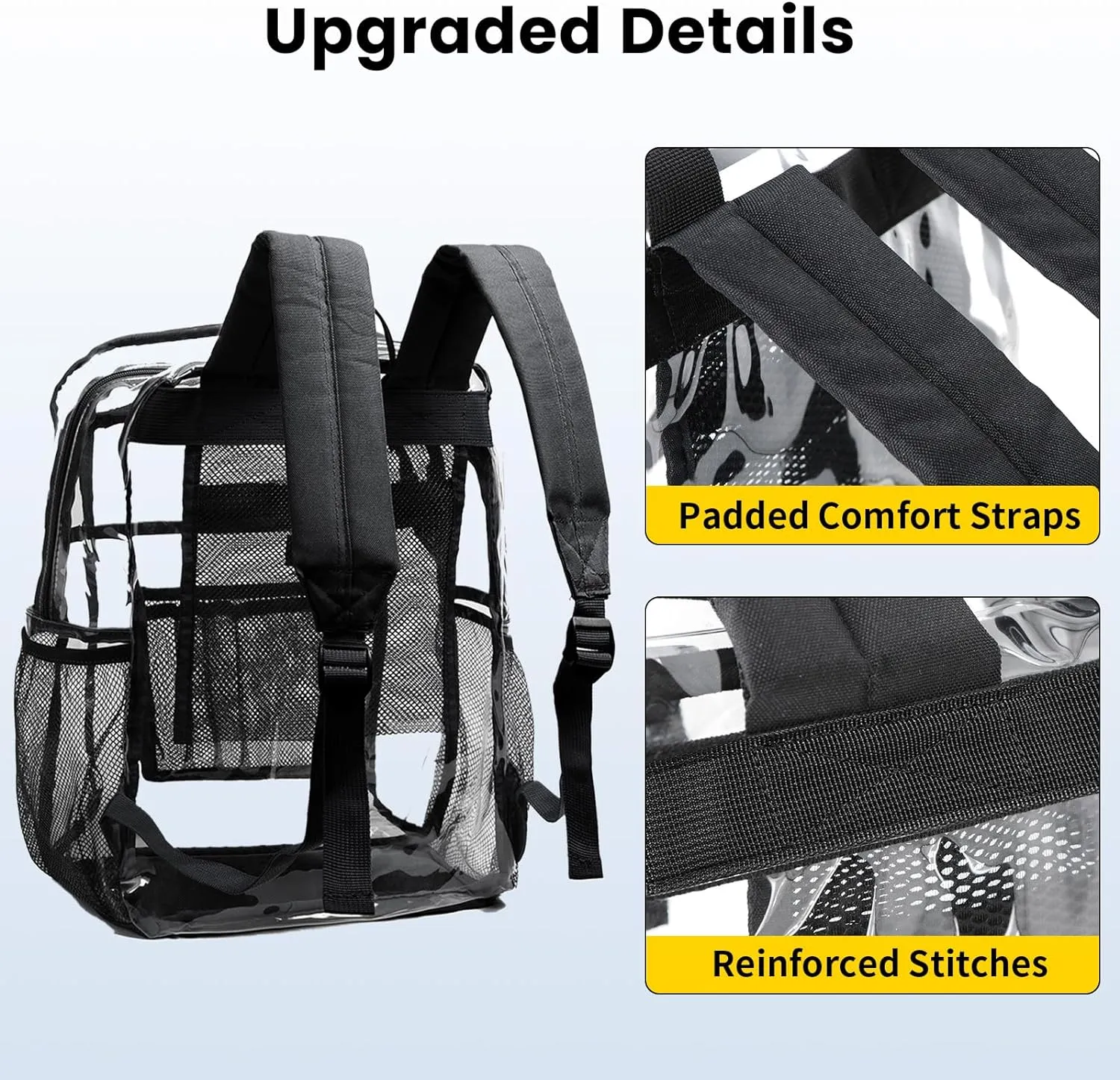 Vorspack Clear Backpack Heavy Duty - Extra Large Clear Book Bag with Multi-pockets See Through Backpack for College Workplace Travel - Black