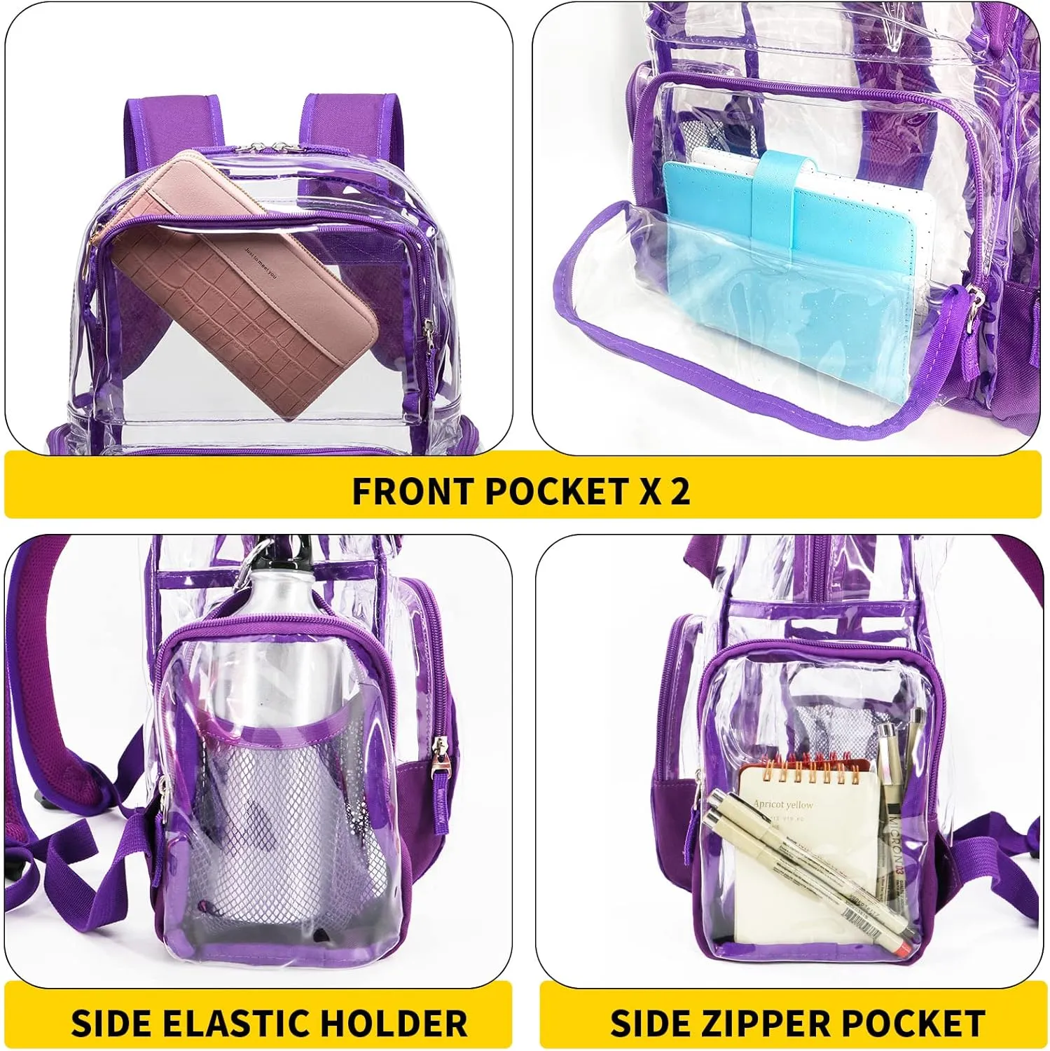 Vorspack Clear Backpack - Transparent Backpack with Reinforced Bottom & Multi-pockets for College Workplace Security - Purple