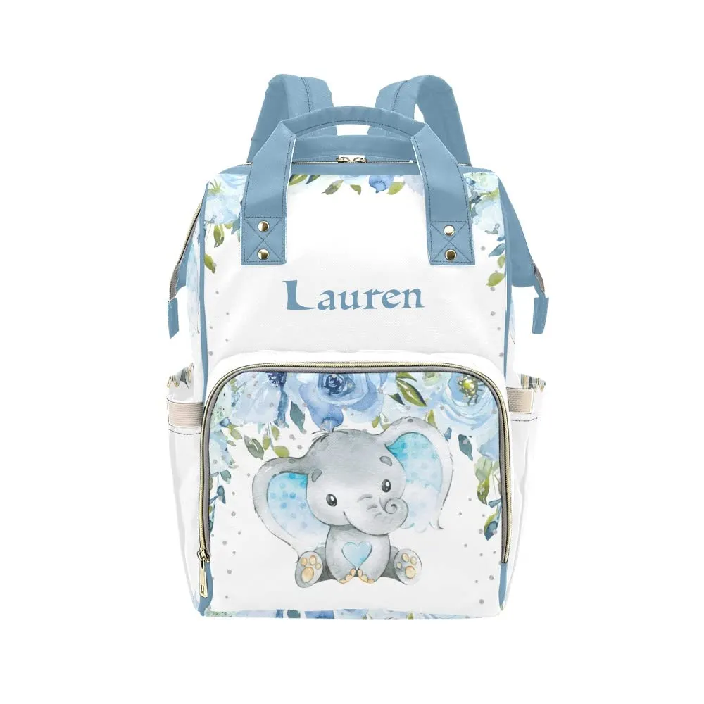 Watercolor Flower Elephant Bue Diaper Bags Backpack with Name Personalized Baby Bag Nursing Nappy Bag Travel Tote Bag Gifts