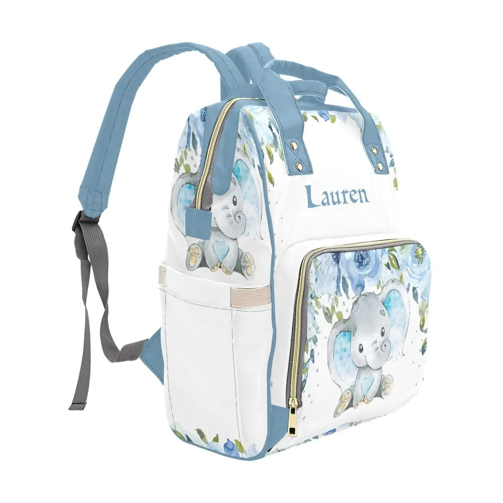 Watercolor Flower Elephant Bue Diaper Bags Backpack with Name Personalized Baby Bag Nursing Nappy Bag Travel Tote Bag Gifts