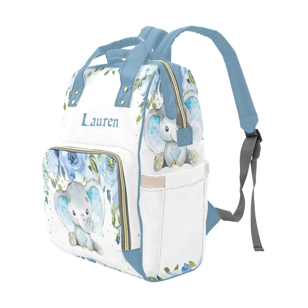 Watercolor Flower Elephant Bue Diaper Bags Backpack with Name Personalized Baby Bag Nursing Nappy Bag Travel Tote Bag Gifts