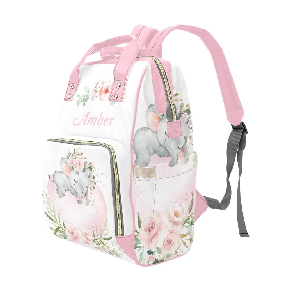 Watercolor Flower Elephant Diaper Bags Backpack with Name Personalized Baby Bag Nursing Nappy Bag Travel Tote Bag Gifts