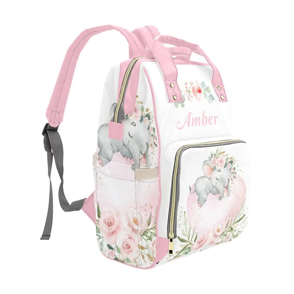 Watercolor Flower Elephant Diaper Bags Backpack with Name Personalized Baby Bag Nursing Nappy Bag Travel Tote Bag Gifts