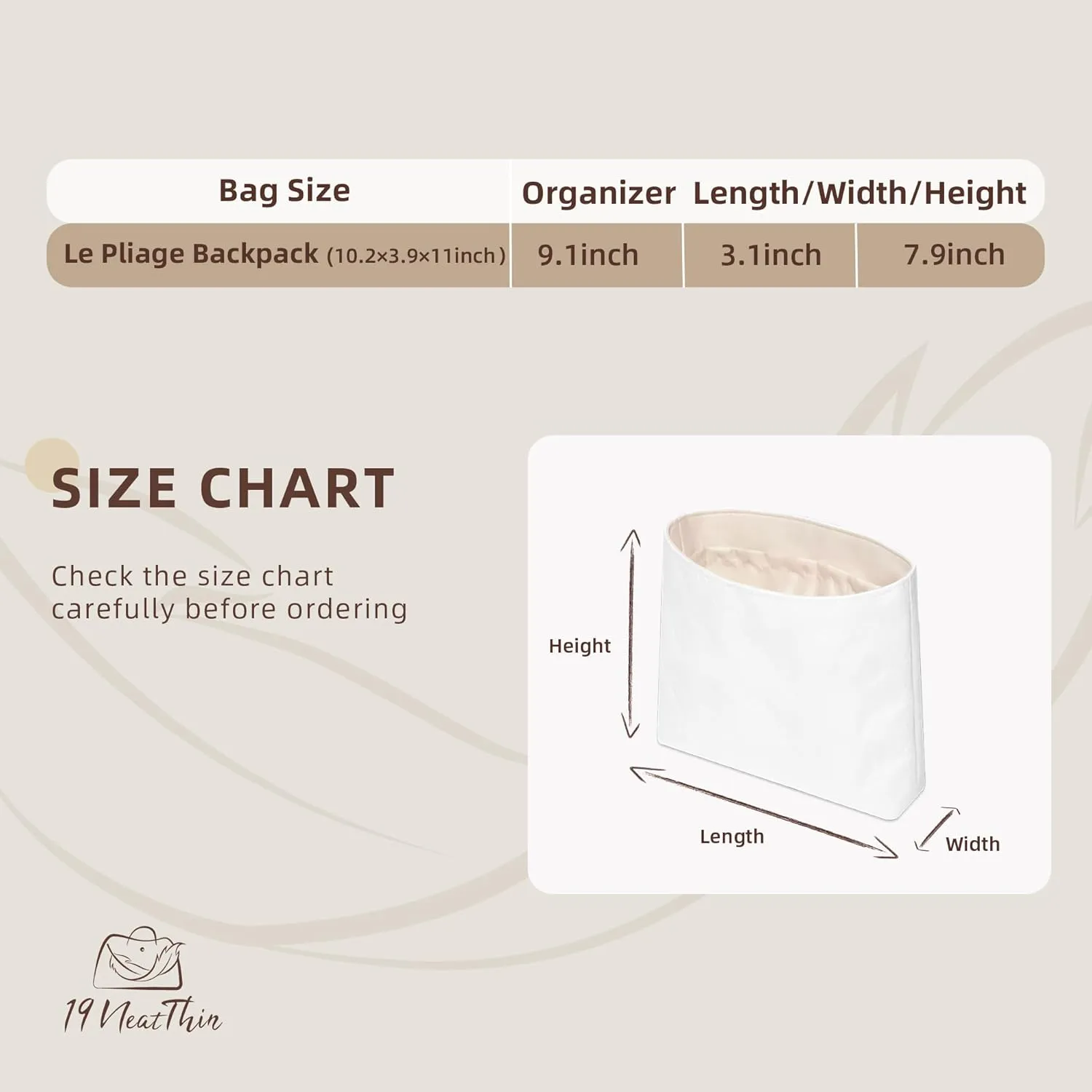Waterproof Backpack Organizer Insert, Lightweight Insert Compatible with Longchamp Backpacks, Waterproof Dupontpaper Surface and Silky Satin Lining (Craie Lining)