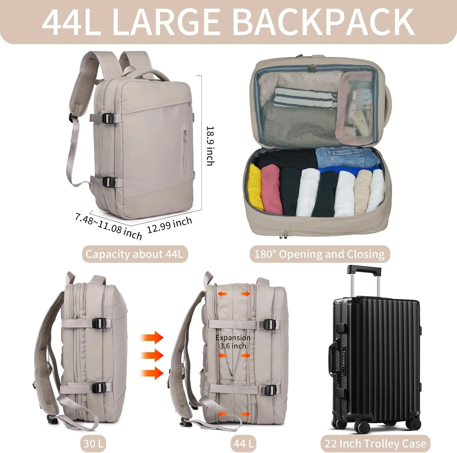 Waterproof Travel Backpack for Women Men, 44L Carry On Backpack with USB Charging Port, 17.3" Laptop Backpack, Personal Item Bag for Airlines Approved, Business Backpack Casual Daypack 1680D