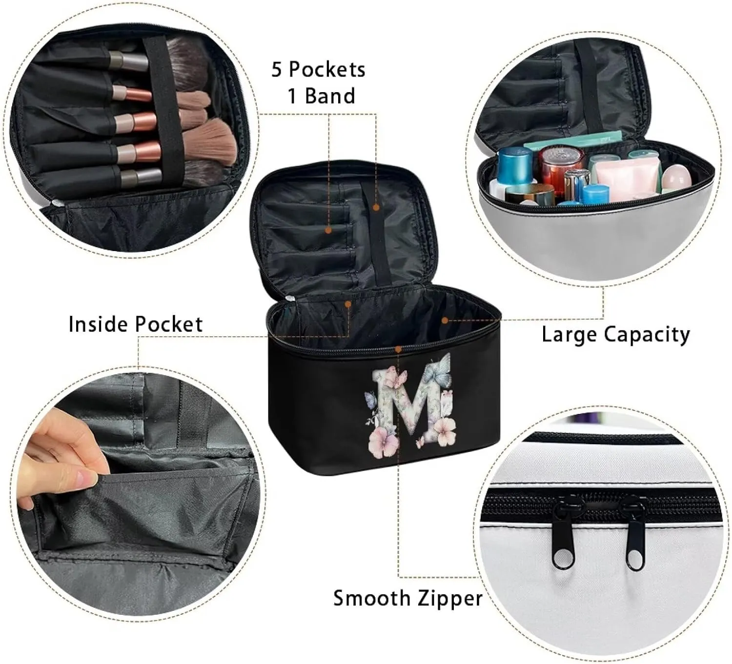 Wdkrgetd Layered Makeup Bag Minimalist Makeup Bags for Women Big Storage Bag Hand Washable Wash Organizer Bag for Vacation Getaways Practical Cosmetic Pouch for Purse Gifts for Bridesmaids BLACK M