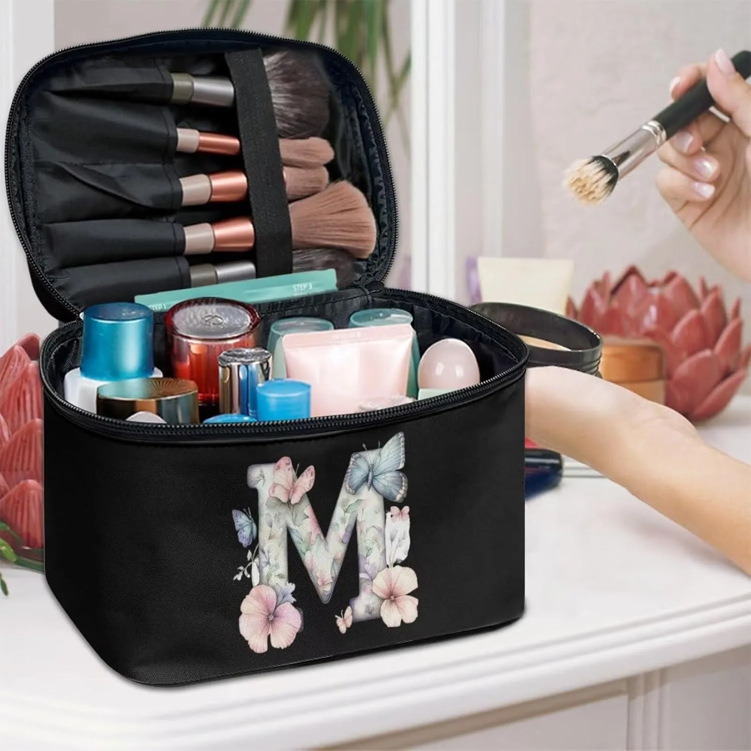 Wdkrgetd Layered Makeup Bag Minimalist Makeup Bags for Women Big Storage Bag Hand Washable Wash Organizer Bag for Vacation Getaways Practical Cosmetic Pouch for Purse Gifts for Bridesmaids BLACK M