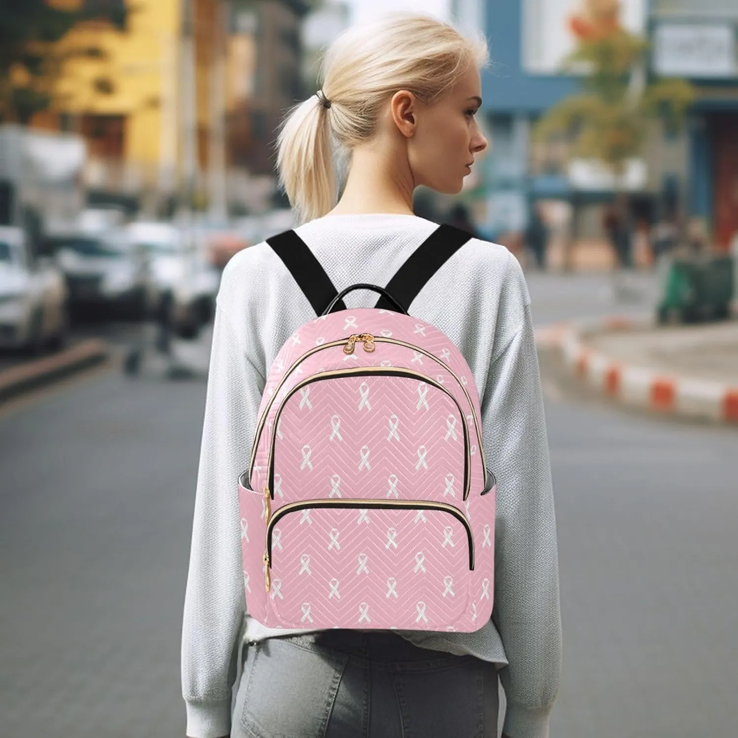 White Pink Ribbon Backpack Purse for Women Fashion Ladies Shoulder Bags Travel Bag with Zipper Weekend Bag,S