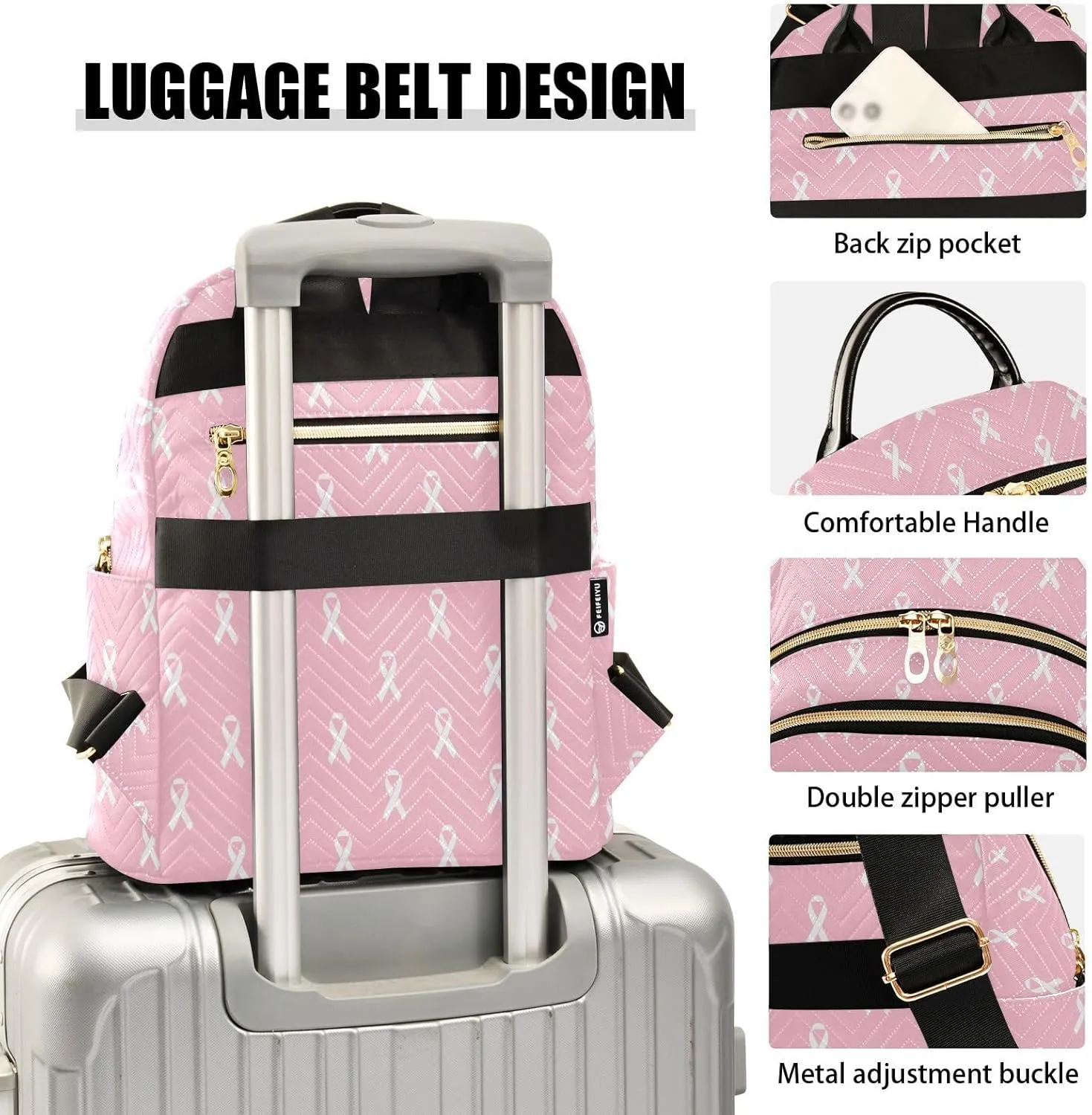 White Pink Ribbon Backpack Purse for Women Fashion Ladies Shoulder Bags Travel Bag with Zipper Weekend Bag,S