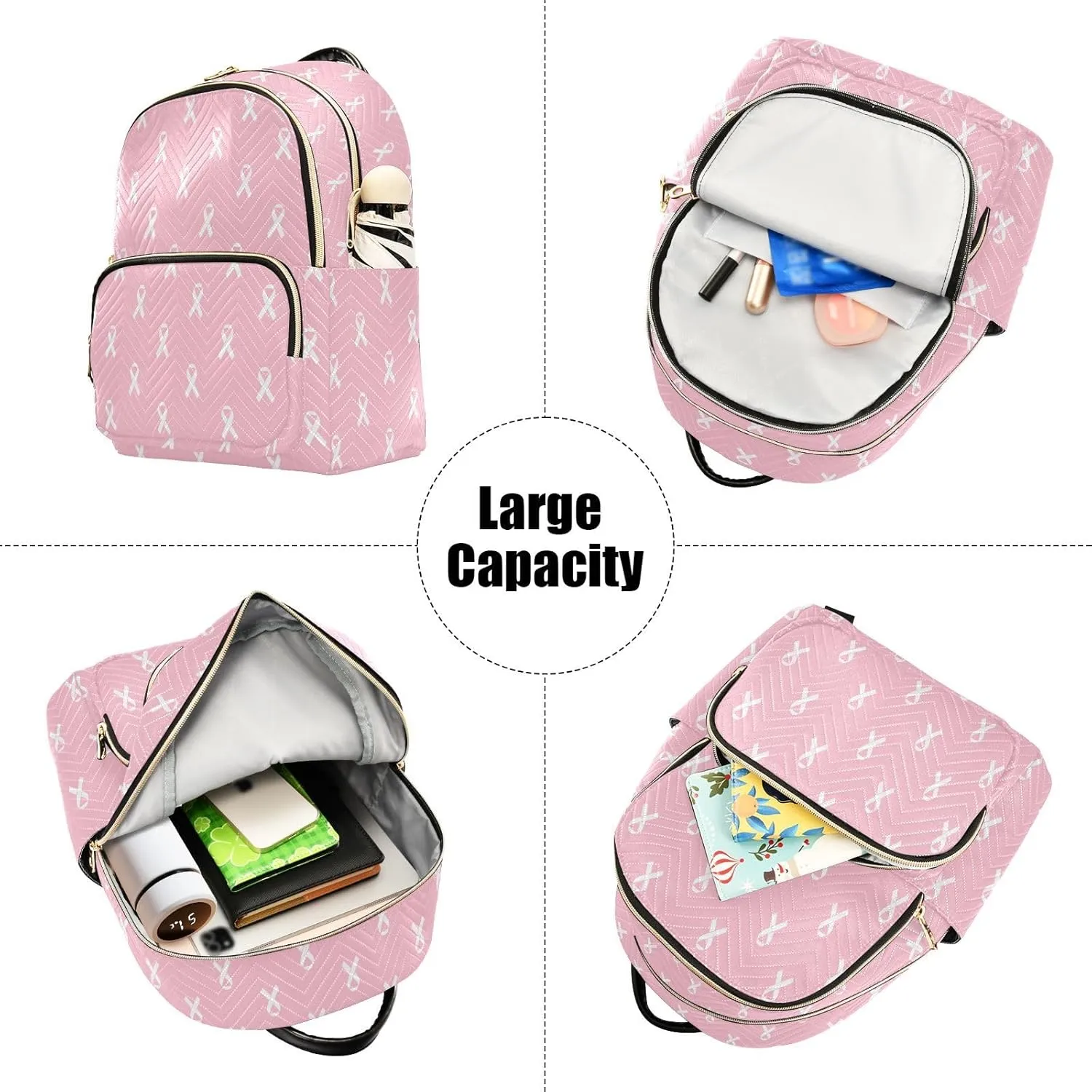 White Pink Ribbon Backpack Purse for Women Fashion Ladies Shoulder Bags Travel Bag with Zipper Weekend Bag,S
