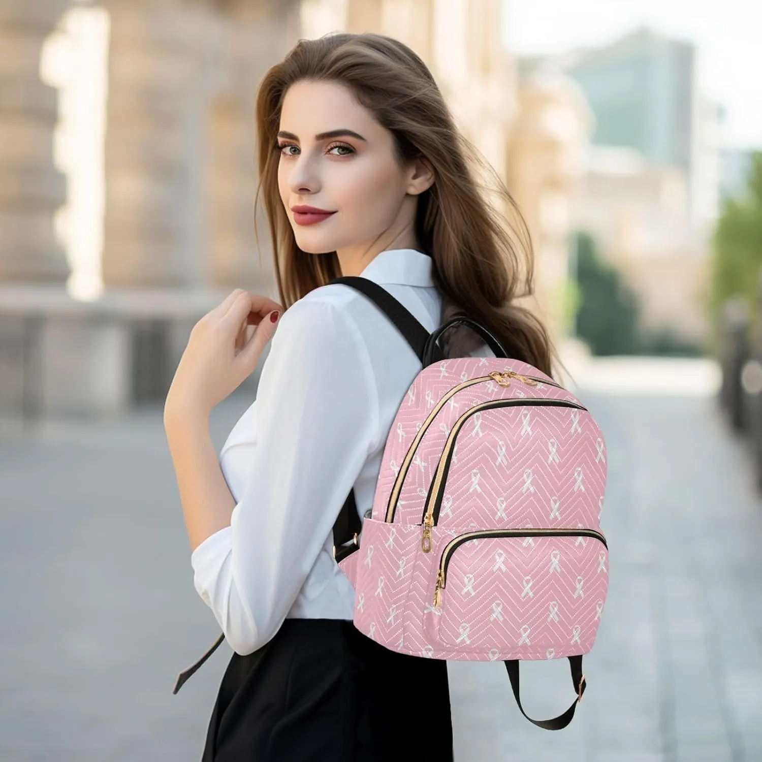 White Pink Ribbon Backpack Purse for Women Fashion Ladies Shoulder Bags Travel Bag with Zipper Weekend Bag,S