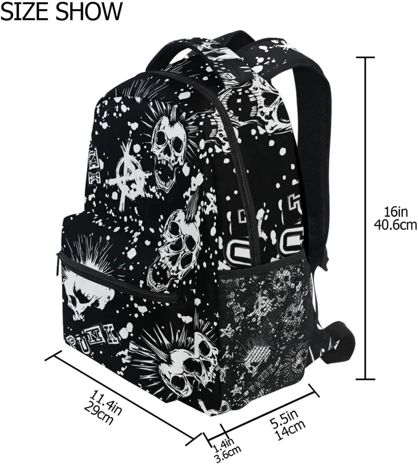 White Punk Skull Mohawk Hair Black Vintage Backpacks Bookbags Daypack Travel School College Bag for Womens Girls Mens Boys Teens