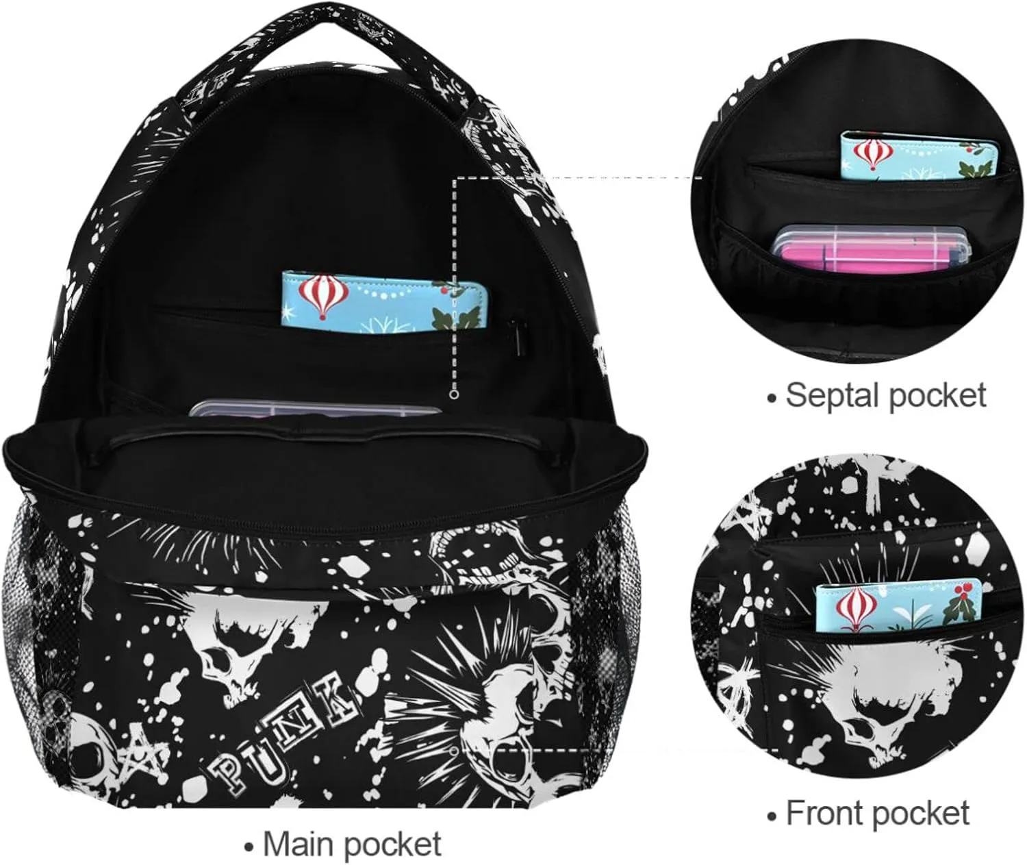 White Punk Skull Mohawk Hair Black Vintage Backpacks Bookbags Daypack Travel School College Bag for Womens Girls Mens Boys Teens