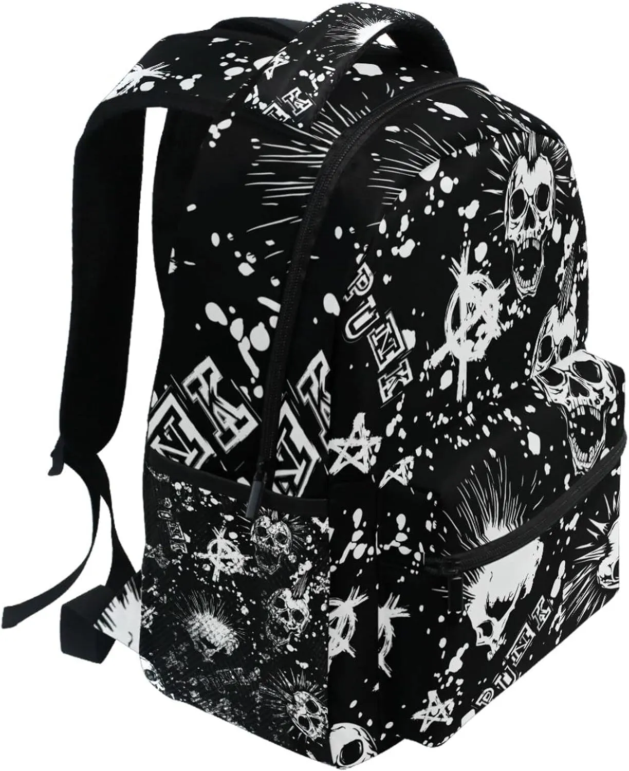 White Punk Skull Mohawk Hair Black Vintage Backpacks Bookbags Daypack Travel School College Bag for Womens Girls Mens Boys Teens
