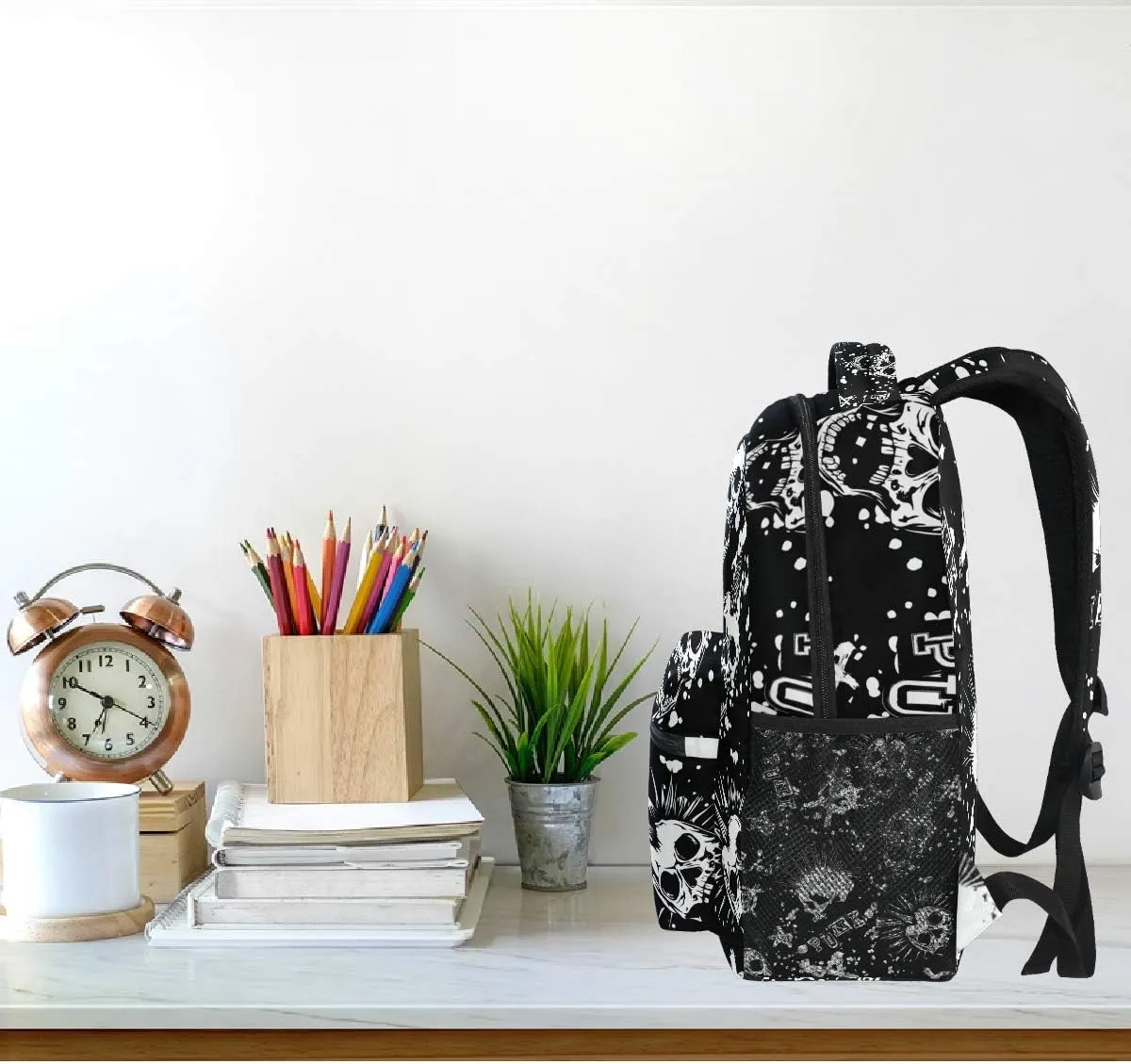 White Punk Skull Mohawk Hair Black Vintage Backpacks Bookbags Daypack Travel School College Bag for Womens Girls Mens Boys Teens