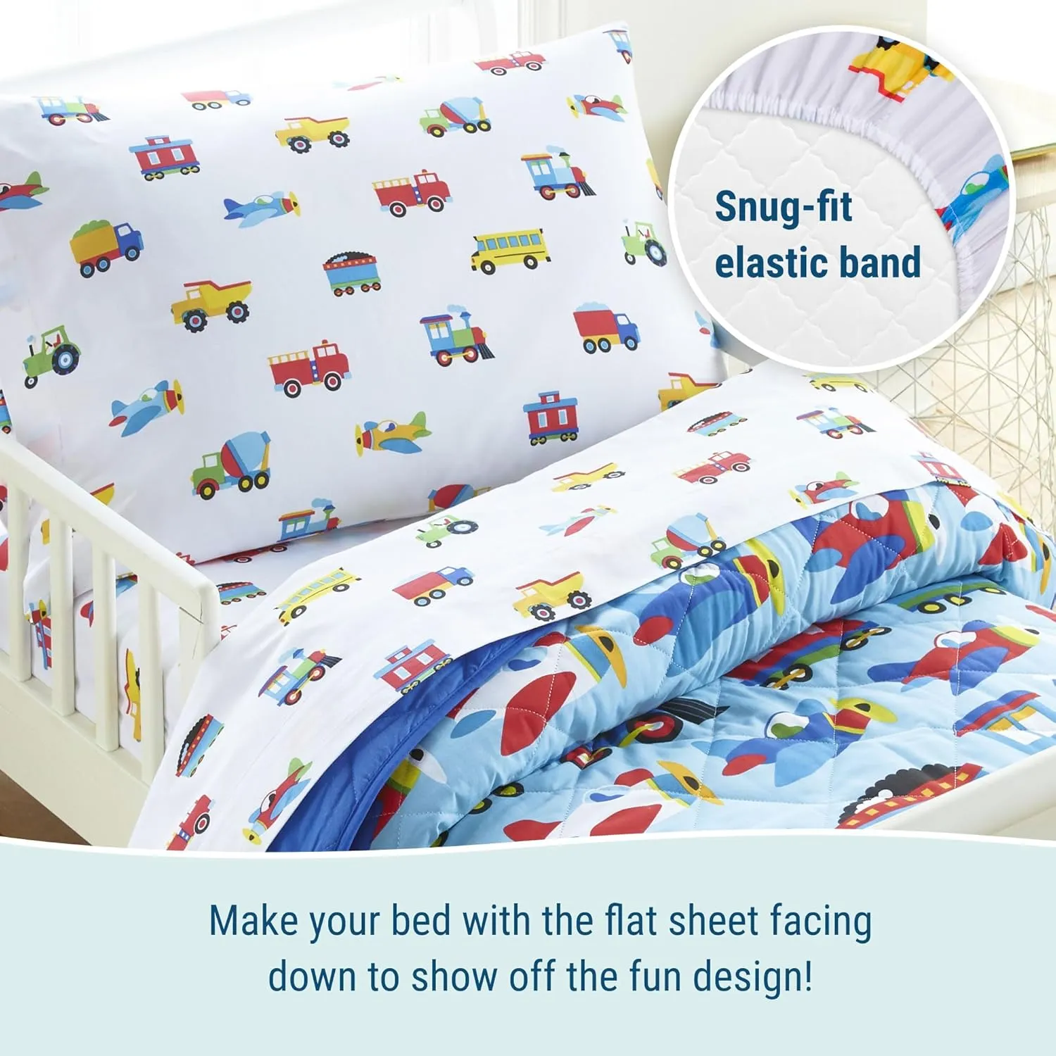 Wildkin 100% Cotton Toddler Sheet Set – Soft & Cozy Bed Sheets - Trains, Planes, and Trucks