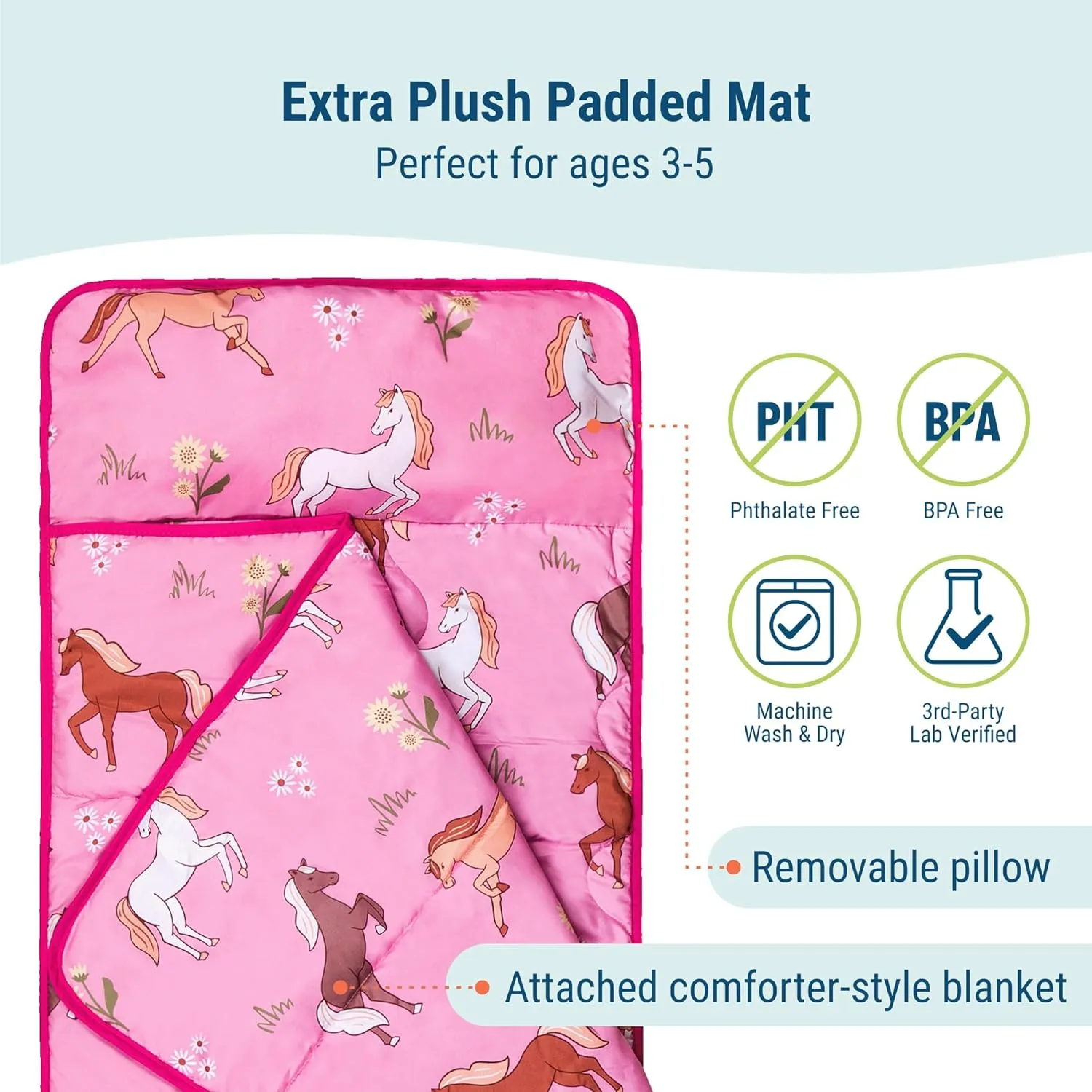 Wildkin Day2Day Kids Nap Mat – Ideal for Daycare, School, Sleepover & Travel - Wild Horses