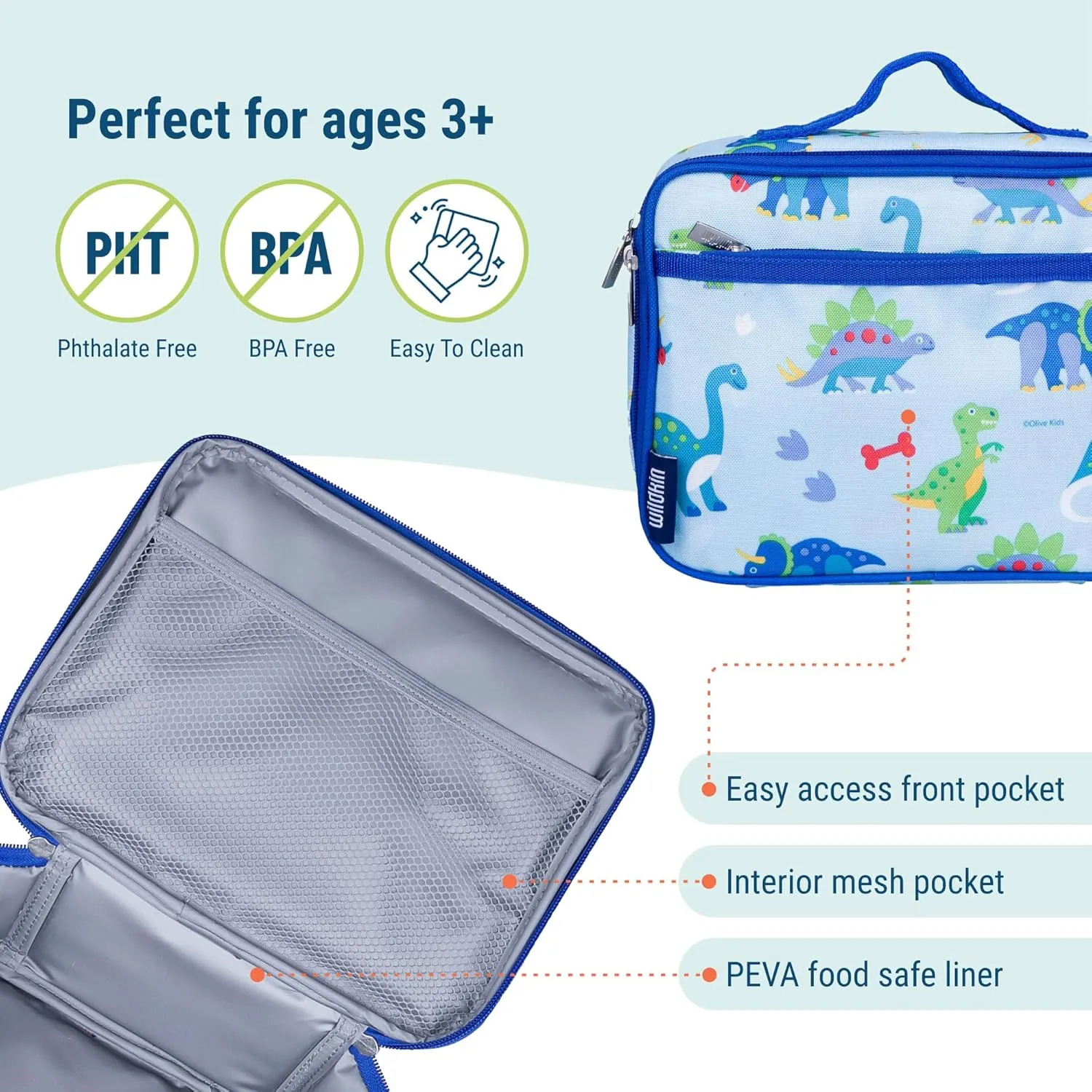 Wildkin Kids Insulated Lunch Box Boys – Durable and Reusable for School & Travel (Dinosaur Land)