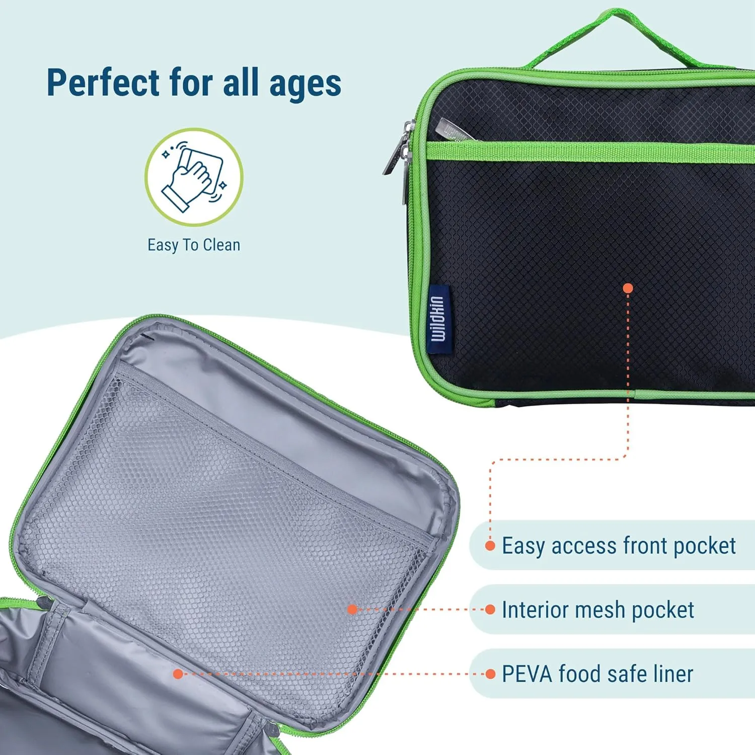 Wildkin Kids Insulated Lunch Box – Durable and Reusable for School & Travel - Rip-Stop Black/Green