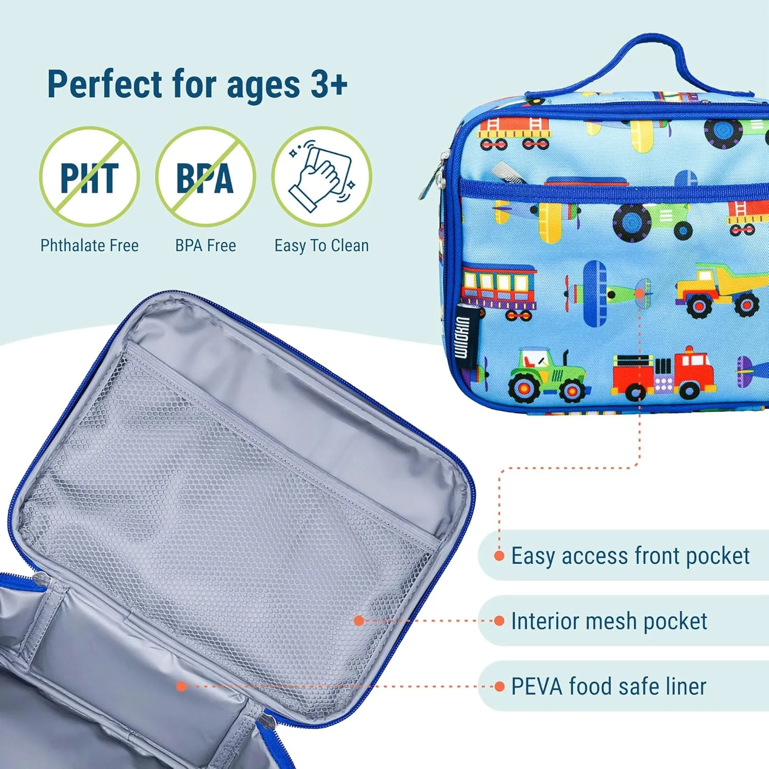 Wildkin Kids Insulated Lunch Box – Durable and Reusable for School & Travel - Trains, Planes, and Trucks