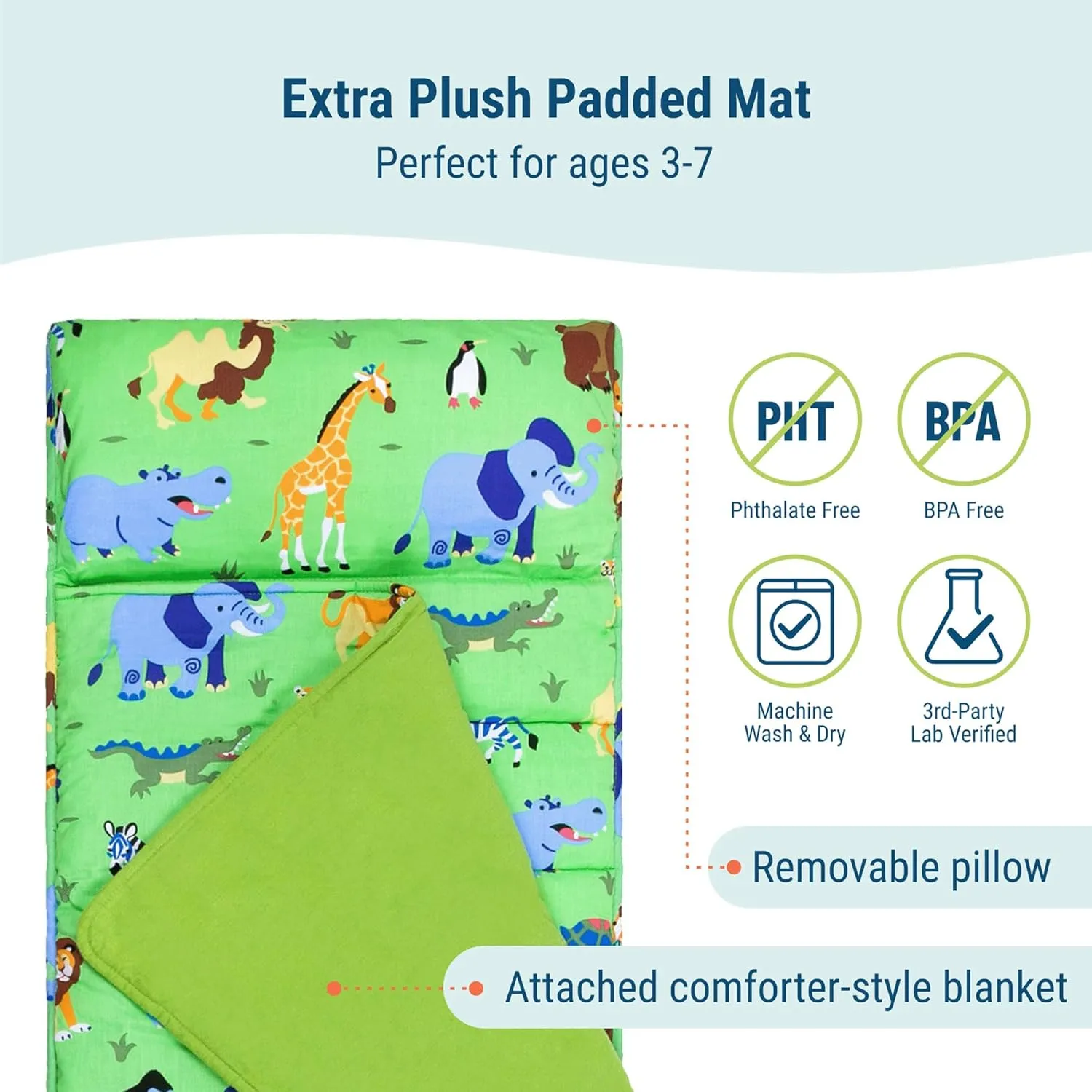 Wildkin Kids Original Nap Mat – Cozy Kids Sleep Mat with Pillow, Ideal for School & Travel - Wild Animals