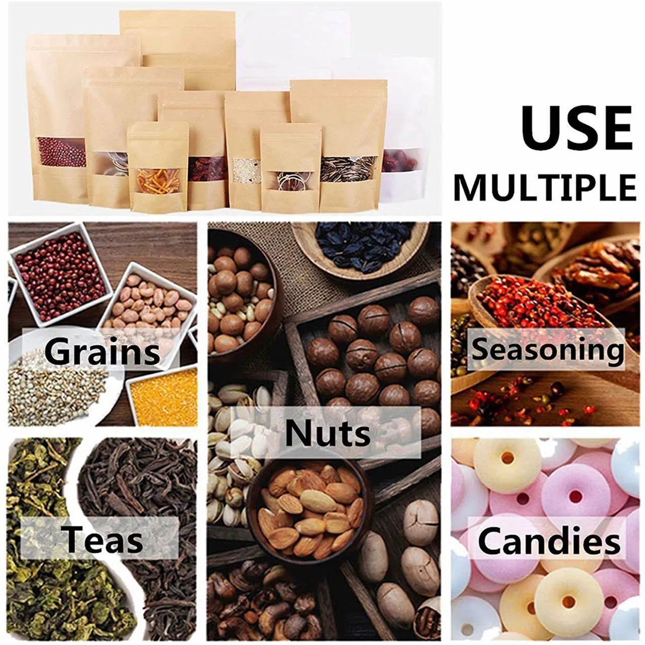 Window Zip Bags 10-200PCS 6Sizes Kraft Paper