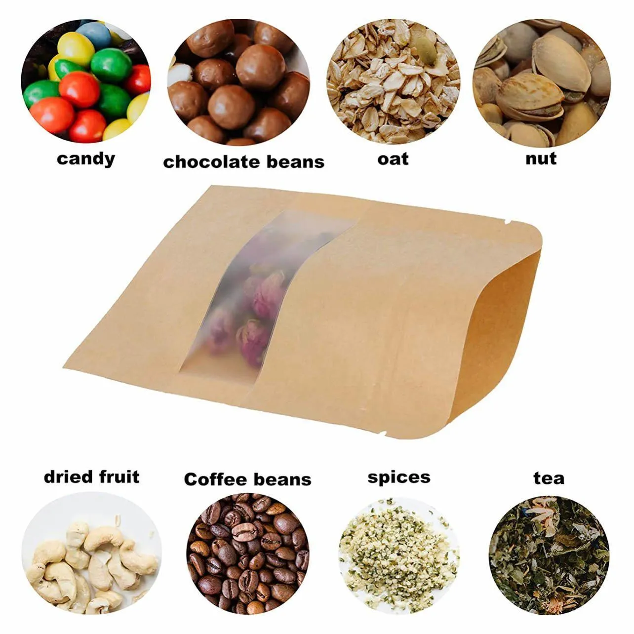 Window Zip Bags 10-200PCS 6Sizes Kraft Paper