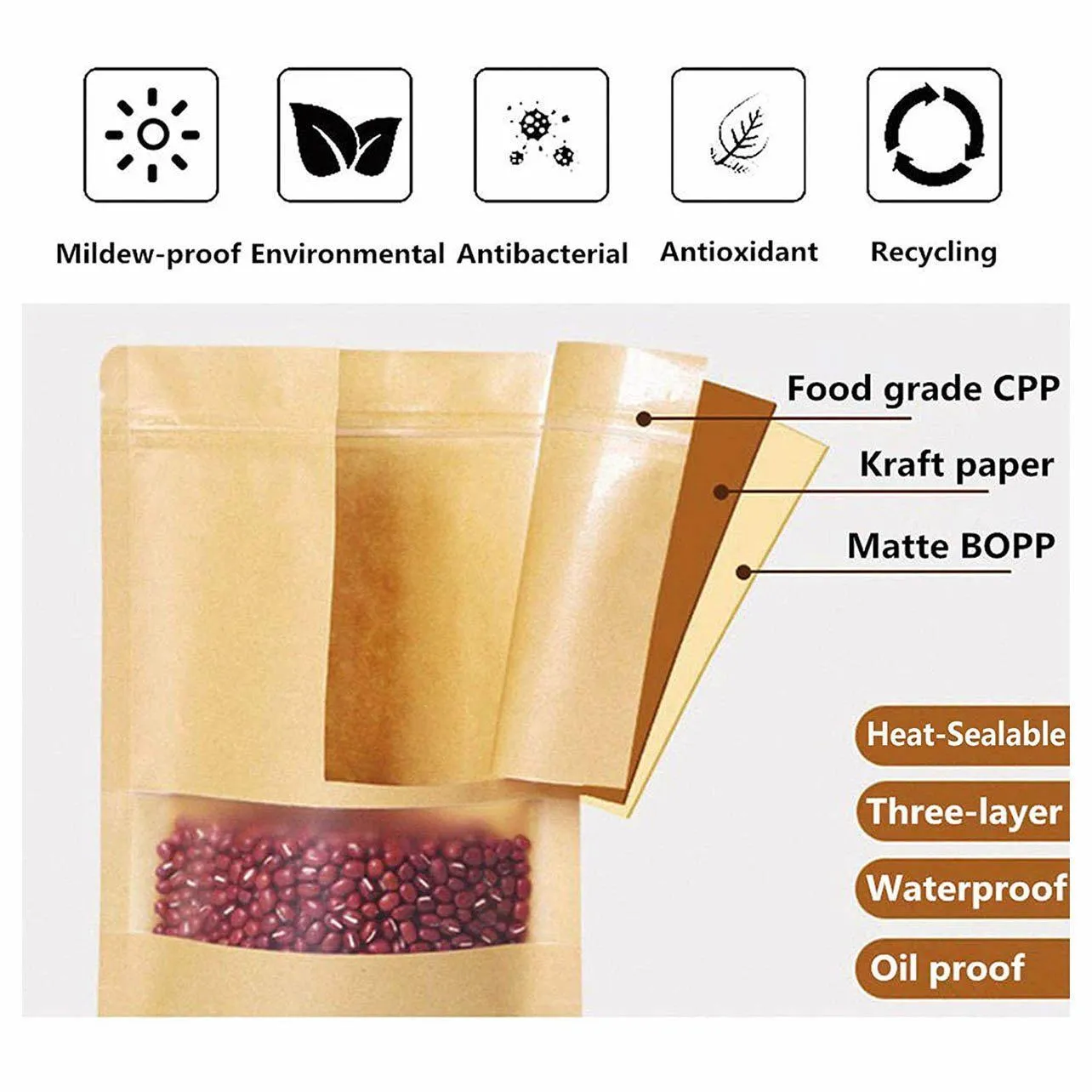 Window Zip Bags 10-200PCS 6Sizes Kraft Paper