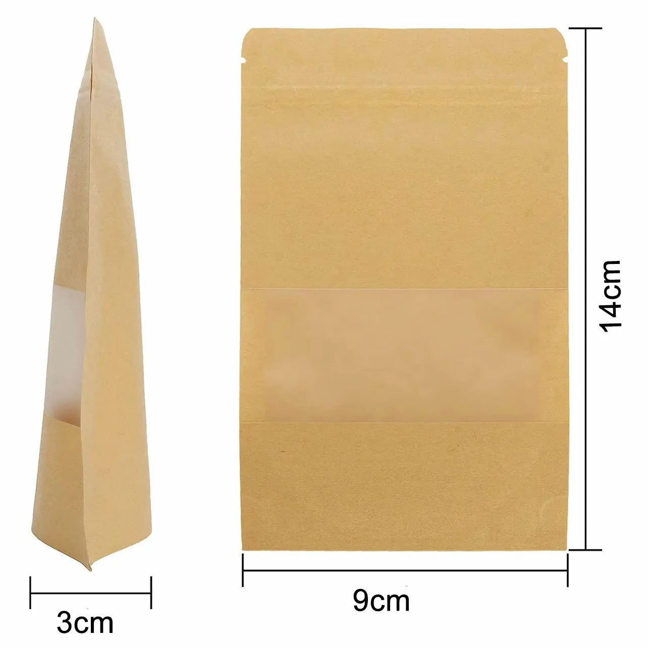 Window Zip Bags 10-200PCS 6Sizes Kraft Paper