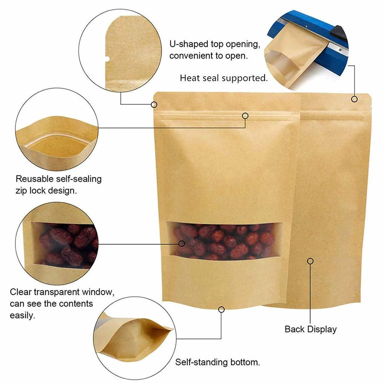 Window Zip Bags 10-200PCS 6Sizes Kraft Paper