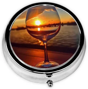 Wine Glass in The Sunset Pill Box Round Pill Case for Pocket Purse 3 Compartment Medicine Pill Organizer Cute Portable Travel Pillbox Vitamin Cod Liver Oil Storage Box Unique Gift Organizer