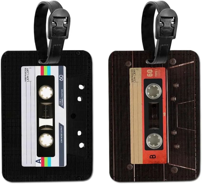 WIRESTER Set of 2 PU Leather Luggage Tag Name Tag Bag Tag for Travel Suitcase Baggage Luggage - Retro Black Cassette Tape, Red Vintage Cassette Tape