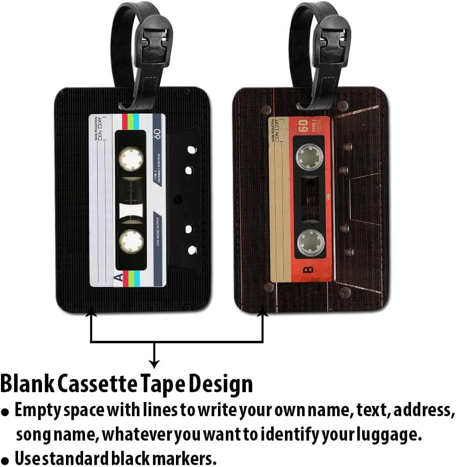 WIRESTER Set of 2 PU Leather Luggage Tag Name Tag Bag Tag for Travel Suitcase Baggage Luggage - Retro Black Cassette Tape, Red Vintage Cassette Tape