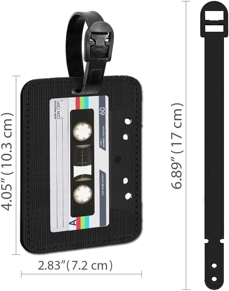 WIRESTER Set of 2 PU Leather Luggage Tag Name Tag Bag Tag for Travel Suitcase Baggage Luggage - Retro Black Cassette Tape, Red Vintage Cassette Tape