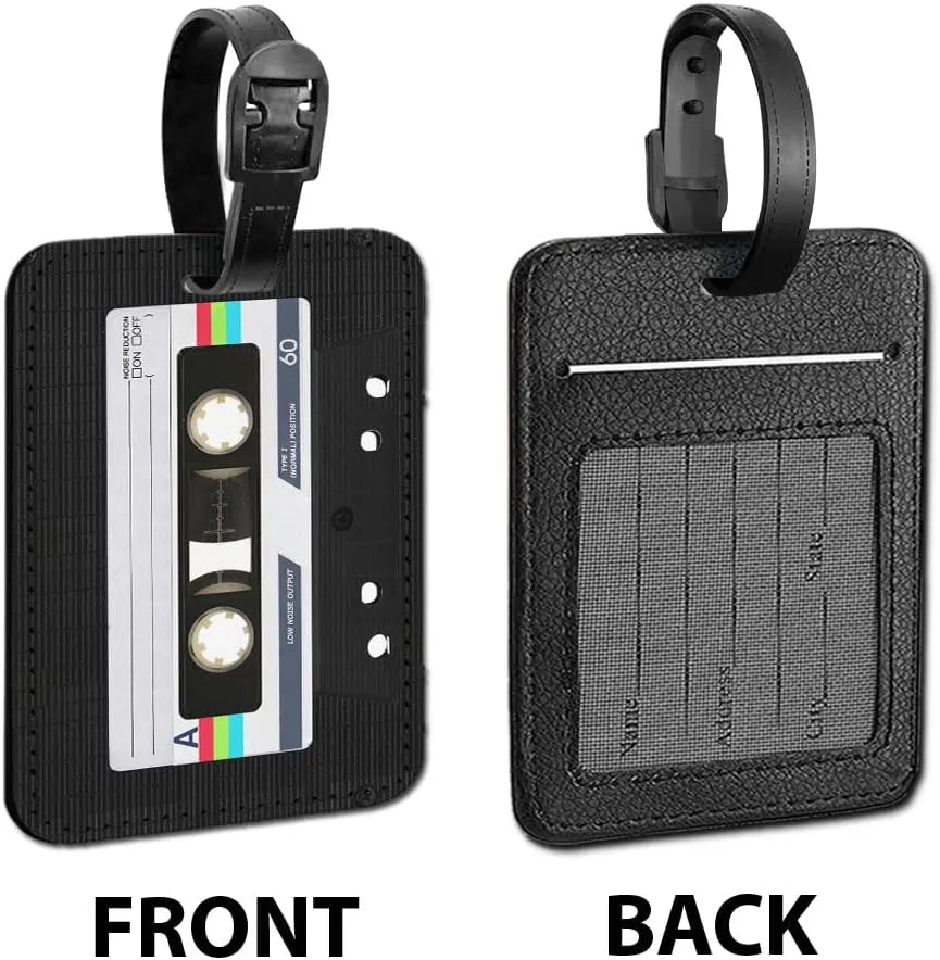 WIRESTER Set of 2 PU Leather Luggage Tag Name Tag Bag Tag for Travel Suitcase Baggage Luggage - Retro Black Cassette Tape, Red Vintage Cassette Tape
