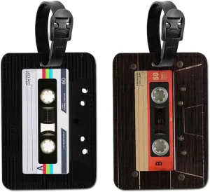 WIRESTER Set of 2 PU Leather Luggage Tag Name Tag Bag Tag for Travel Suitcase Baggage Luggage - Retro Black Cassette Tape, Red Vintage Cassette Tape