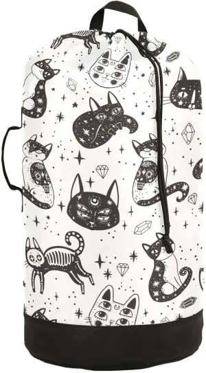Witch's Cat White Halloween Nylon Travel Laundry Bag for Luggage Dirty Heavy Duty Dirty Clothes Organizer with Drawstring Closure & Shoulder Straps Clothes Hamper Bag for Apartment College Factories